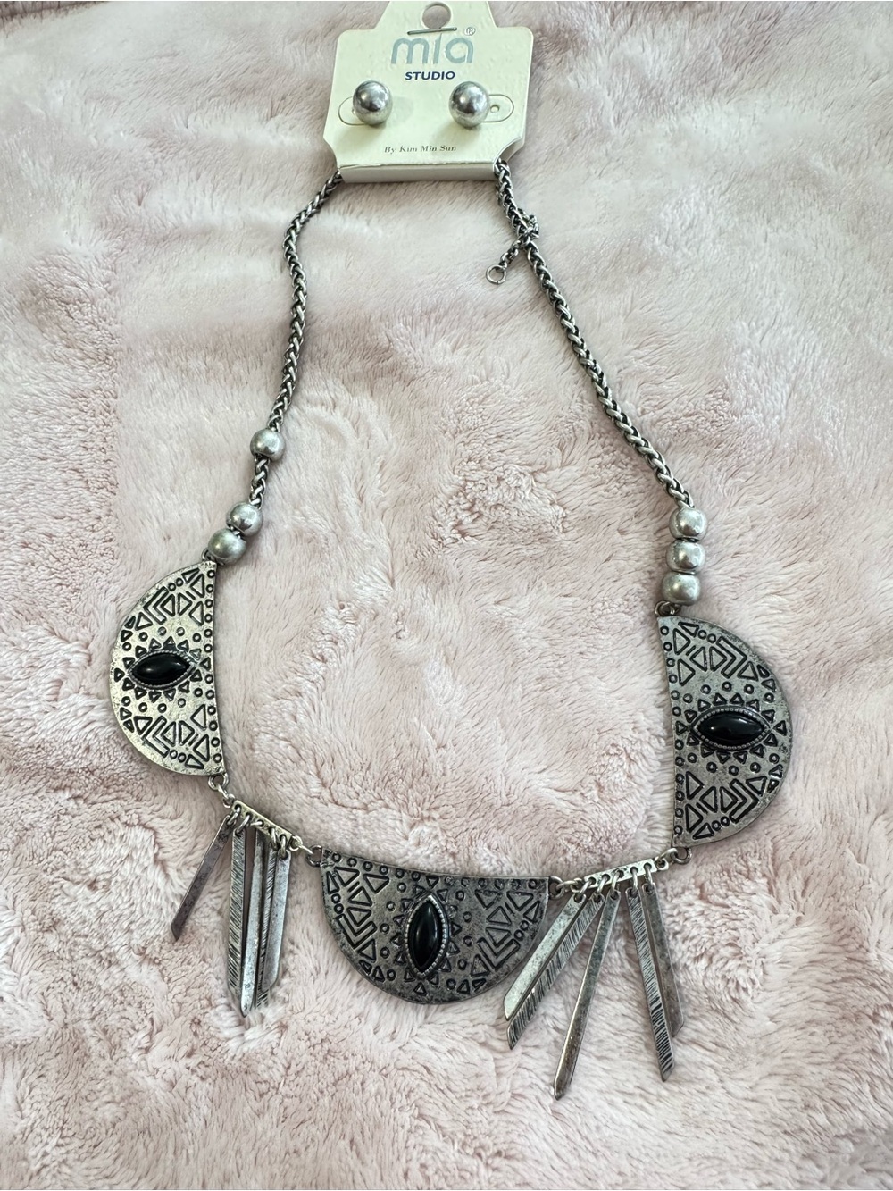 Silver-Tone Tribal Bib Necklace with Black Accent